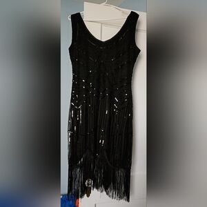 Shimmering sequins fringe hem tank dress